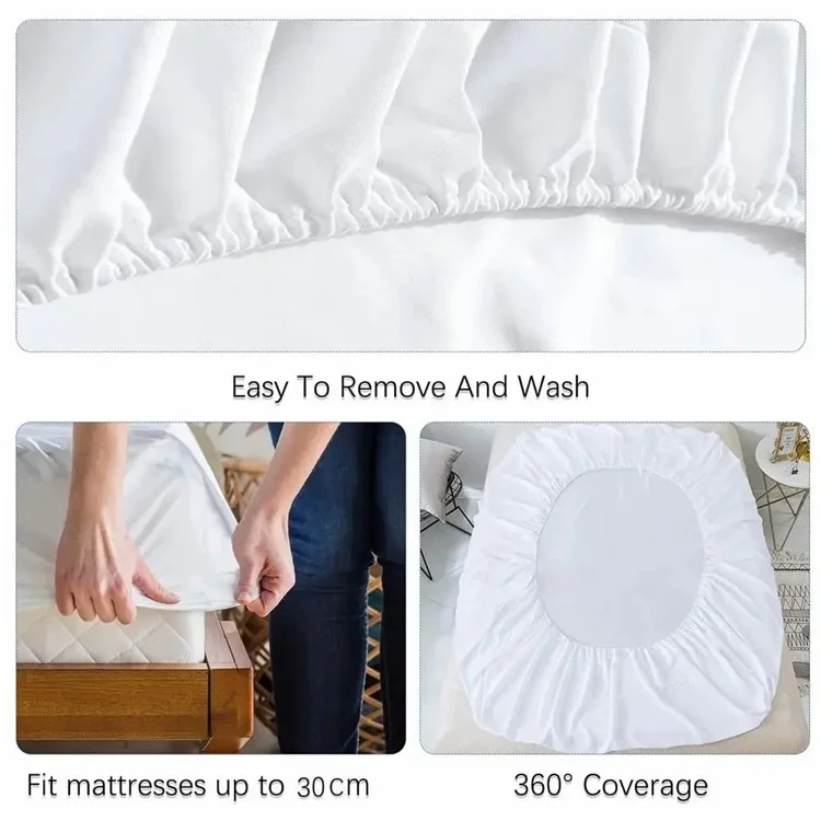 CL011 3Pcs / Set 150x200+30cm Elastic Mattress Cover Waterproof Fitted Sheet + 2 Pillow Case - Blanc