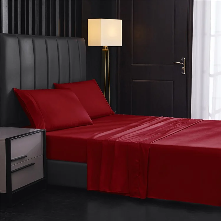 Juego de sábanas de cama completa + sábana ajustable + 2 fundas de almohada de color sólido, tela cepillada - Rojo