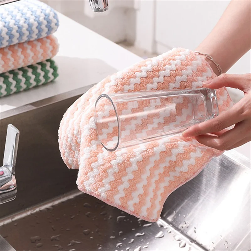 C31221 25x25cm Wave Pattern Soft Microfiber Water Absorbent Dishwashing Cloth - Pink