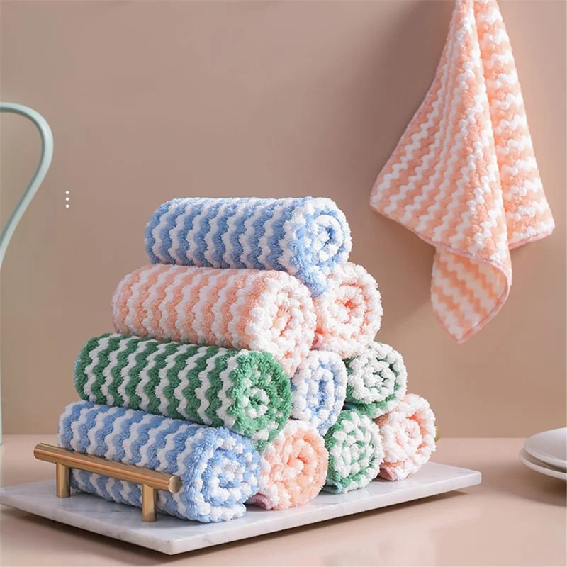 C31221 25x25cm Wave Pattern Soft Microfiber Water Absorbent Dishwashing Cloth - Pink