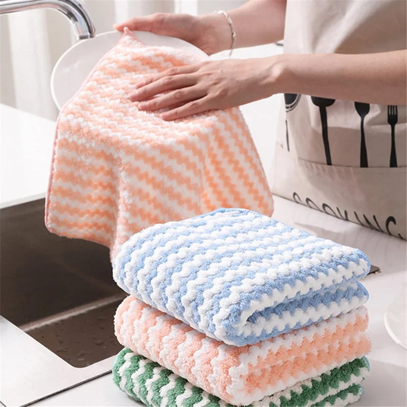 C31221 25x25cm Wave Pattern Soft Microfiber Water Absorbent Dishwashing Cloth - Pink