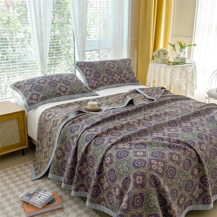 K-80 150x200±2cm Retro Printed Throw Blanket Cotton Towel Quilt with 2 Pillowcases - Style A / Purple