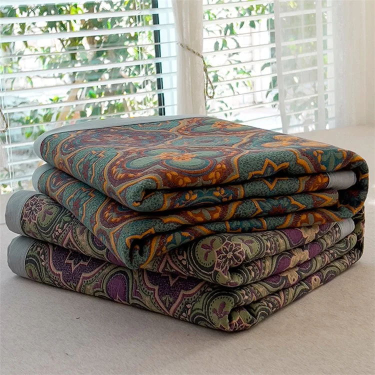 K-80 150x200±2cm Retro Printed Throw Blanket Cotton Towel Quilt with 2 Pillowcases - Style A / Purple