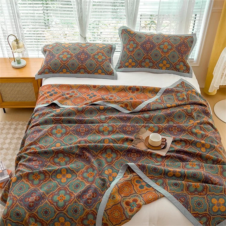 K-80 150x200±2cm Retro Printed Throw Blanket Cotton Towel Quilt with 2 Pillowcases - Style A / Purple