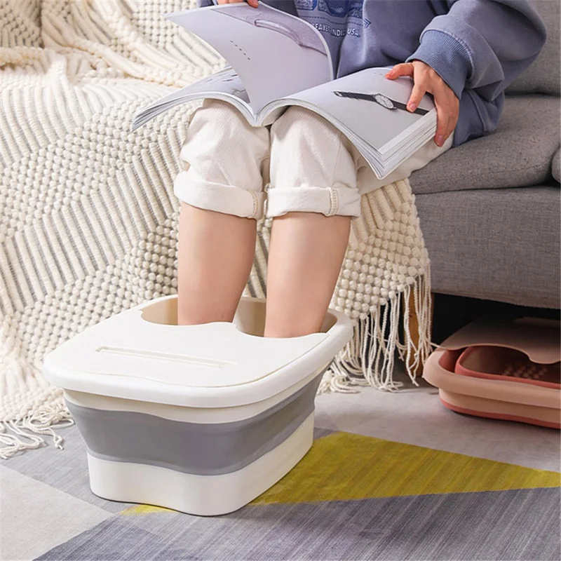 Thickened Silicone Foot Bath Basin Home Foldable Foot Soaking Bucket with Lid - Grey