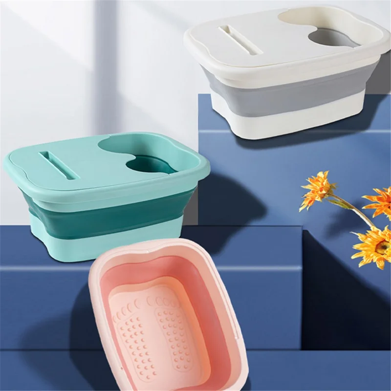 Thickened Silicone Foot Bath Basin Home Foldable Foot Soaking Bucket with Lid - Grey