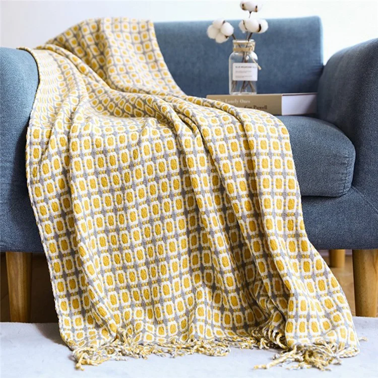 SZ005 Knit Throw Blanket for Couch and Bed Soft Cozy Woven Blanket with Tassels, 130x240cm - Yellow