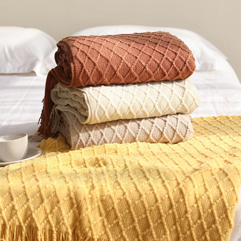 JB002 127x172cm Krycie z frędzlami koc na kanapę i łóżko Lekki koc na klimatyzację - imbirowo-żółty