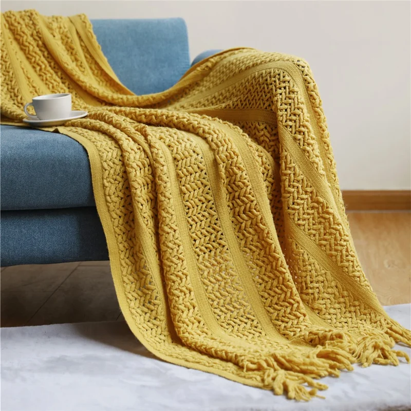 JB004 127x172cm Sofa Throw Blanket Four Seasons Hollow Design Knitted Blanket - Ginger