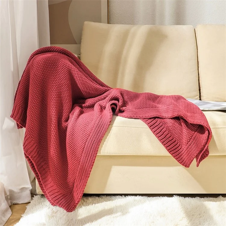 HJ010 150x200cm Waffle Grid Knitted Throw Blanket Home Sofa Bed Blanket - Rust Red