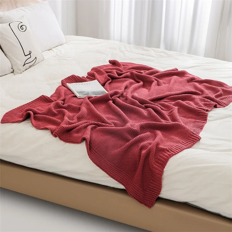HJ010 150x200cm Waffle Grid Knitted Throw Blanket Home Sofa Bed Blanket - Rust Red