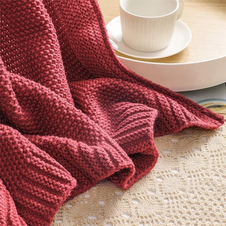 HJ010 150x200cm Waffle Grid Knitted Throw Blanket Home Sofa Bed Blanket - Rust Red