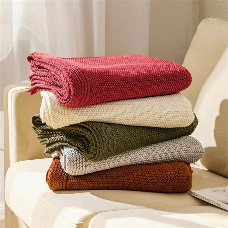 HJ010 150x200cm Waffle Grid Knitted Throw Blanket Home Sofa Bed Blanket - Rust Red