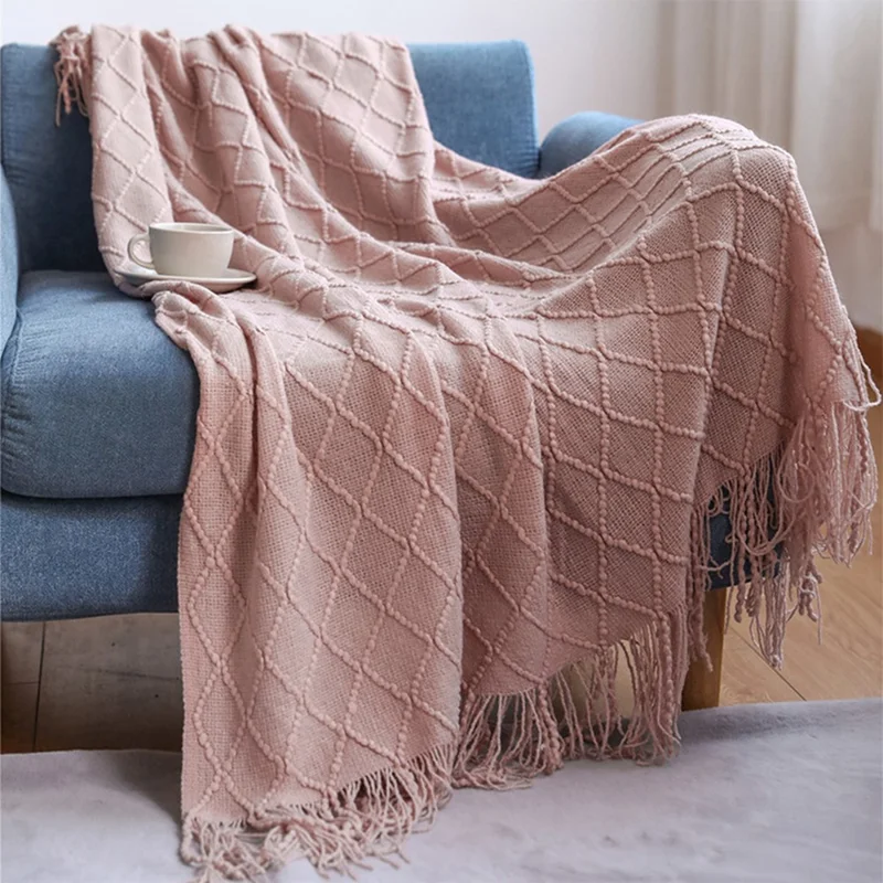 JB014 70x240cm Knitted Blanket Rhombus Texture Summer Sofa Throw Blanket with Tassel - Pink