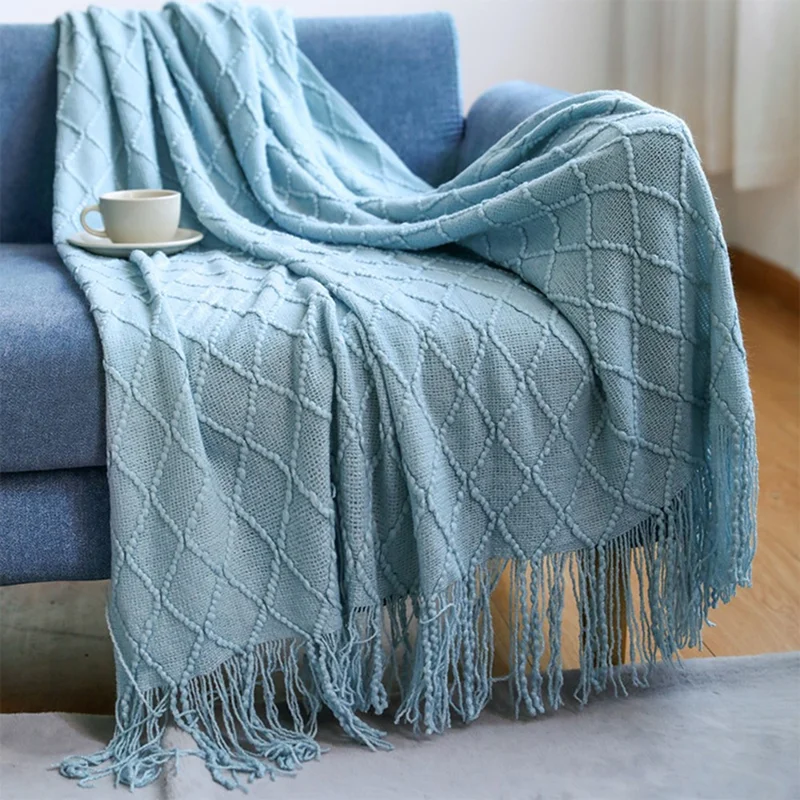 JB014 70x240cm Knitted Blanket Rhombus Texture Summer Sofa Throw Blanket with Tassel - Lake Blue