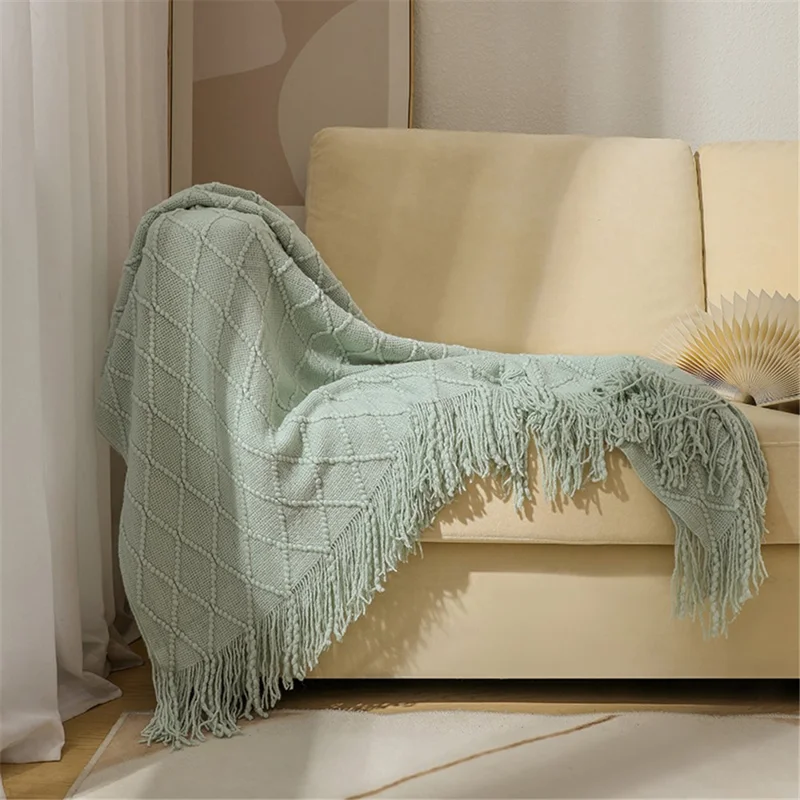 JB014 70x240cm Knitted Blanket Rhombus Texture Summer Sofa Throw Blanket with Tassel - Lake Blue