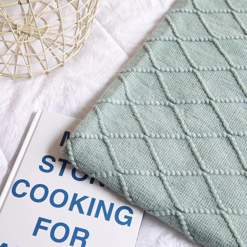 JB014 70x240cm Knitted Blanket Rhombus Texture Summer Sofa Throw Blanket with Tassel - Lake Blue