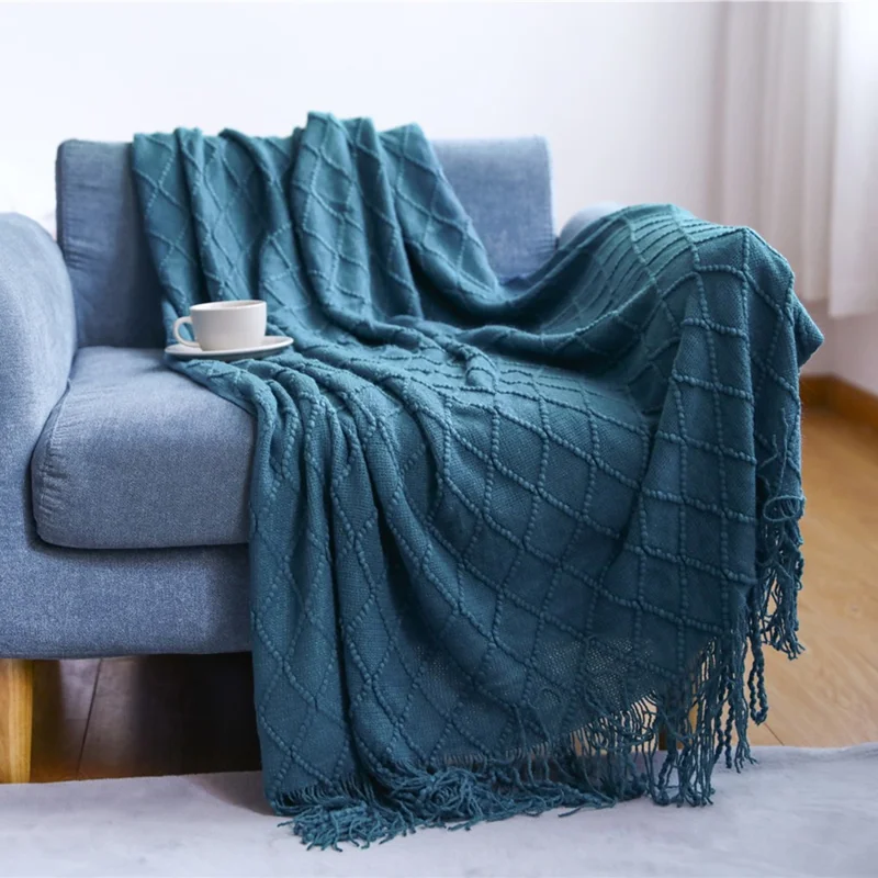 JB014 70x240cm Knitted Blanket Rhombus Texture Summer Sofa Throw Blanket with Tassel - Morandi Blue