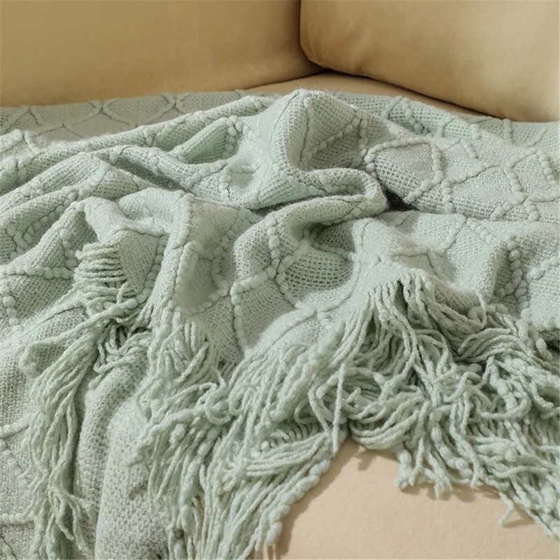 JB014 70x240cm Knitted Blanket Rhombus Texture Summer Sofa Throw Blanket with Tassel - Morandi Blue