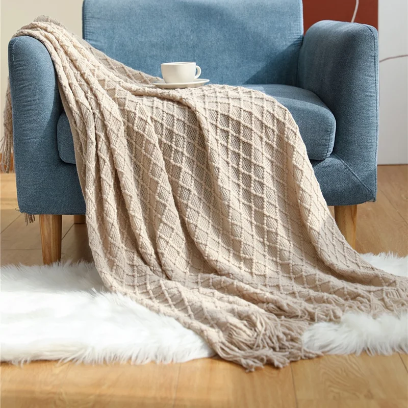JB002 130x230cm Tassels Design Sofa Bed Decor Throw Blanket Air Conditioning Blanket - Khaki