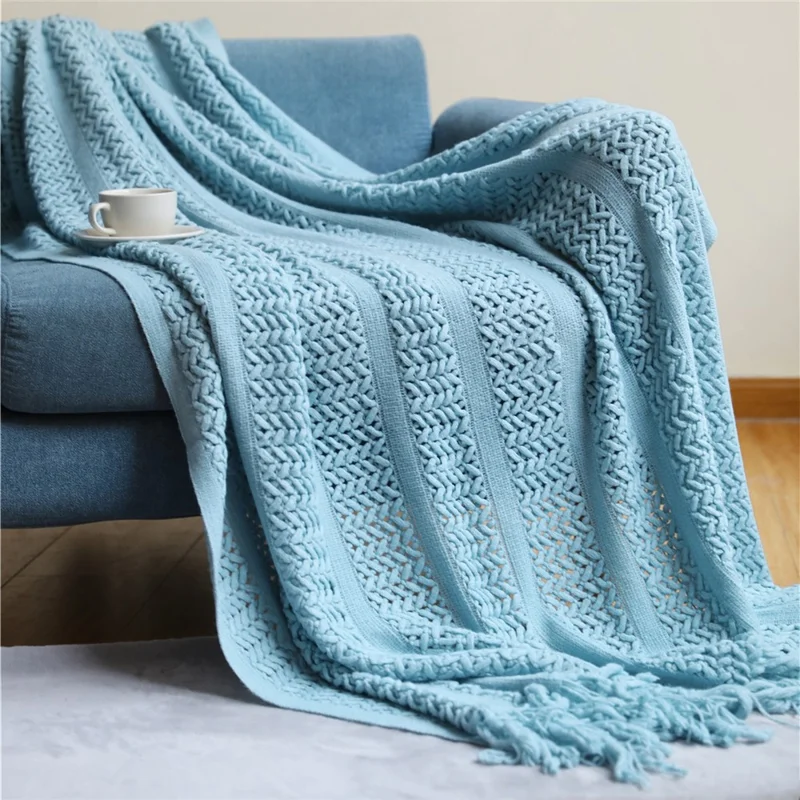 JB004 130x230cm Sofa Throw Blanket with Tassel Decor Skin-friendly Knitted Blanket - Lake Blue