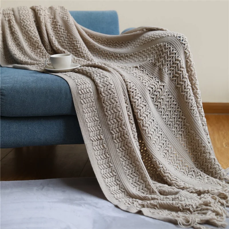 JB004 130x230cm Sofa Throw Blanket with Tassel Decor Skin-friendly Knitted Blanket - Khaki