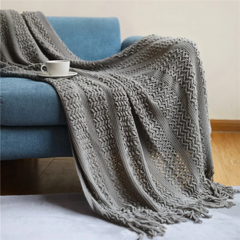 JB004 130x230cm Sofa Throw Blanket with Tassel Decor Skin-friendly Knitted Blanket - Smoke Grey