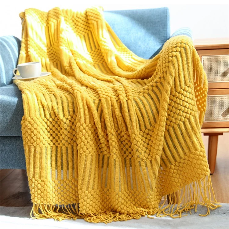 JB012 130x172cm Sofa Throw Blanket Tassels Design Shawl Blanket - Yellow