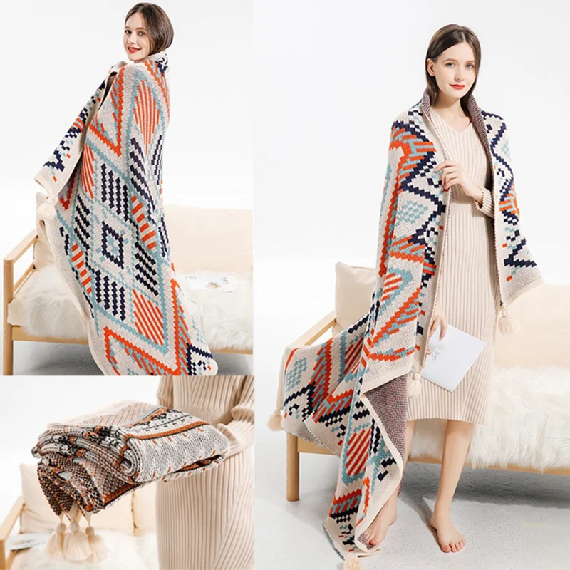 HJ007 130x160cm Bohemia Style Throw Blankets Multifunctional Tassel Pendant Sofa Blanket - Orange