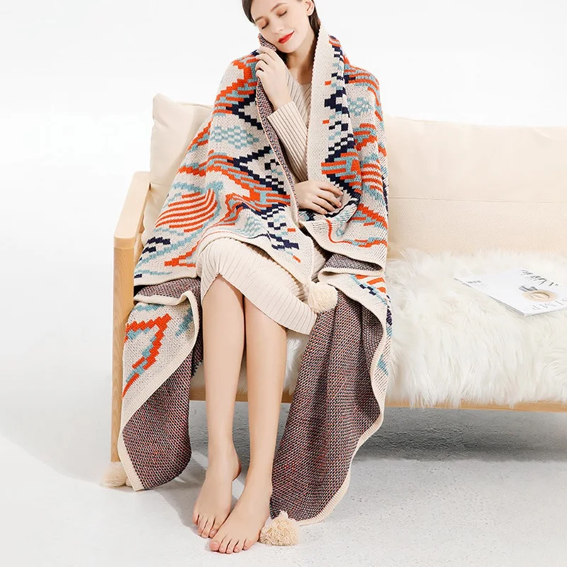 HJ007 130x160cm Bohemia Style Throw Blankets Multifunctional Tassel Pendant Sofa Blanket - Orange