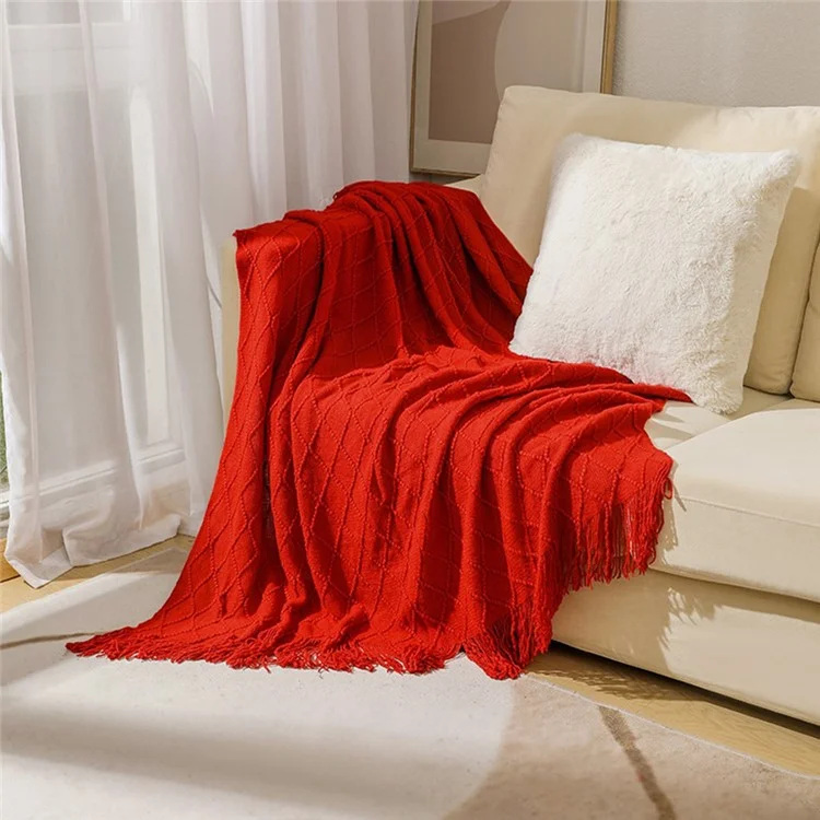 JB014 130x230cm Couch Throw Blanket Rhombus Texture Summer Thin Knitted Blanket - Rot