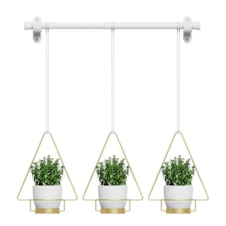001- ZJ-YXH001 Set of 3 Hanging Flower Pot Wall-Mounted Gardening Plant Hangers with Extendable Rod - Gold+Cone Shape