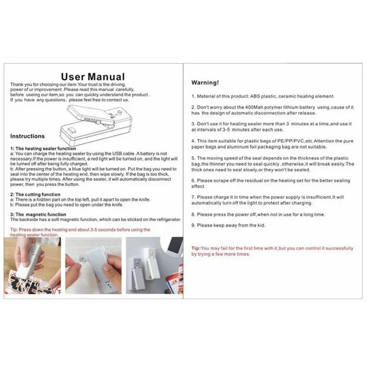 WSL-03 Mini Bag Sealer 2 in 1 Portable Bag Heat Sealing Machine and Cutter - Grey