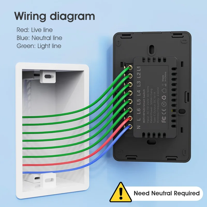 2.4GHz WiFi Wall Touch Type-C Smart Switch 6 Way Multi-Control Glass Panel Light Switch - White