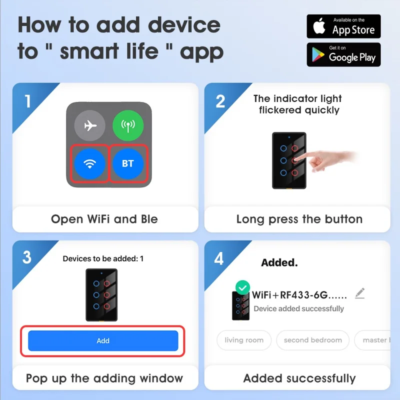2.4GHz WiFi Wall Touch Type-C Smart Switch 6 Way Multi-Control Glass Panel Light Switch - White