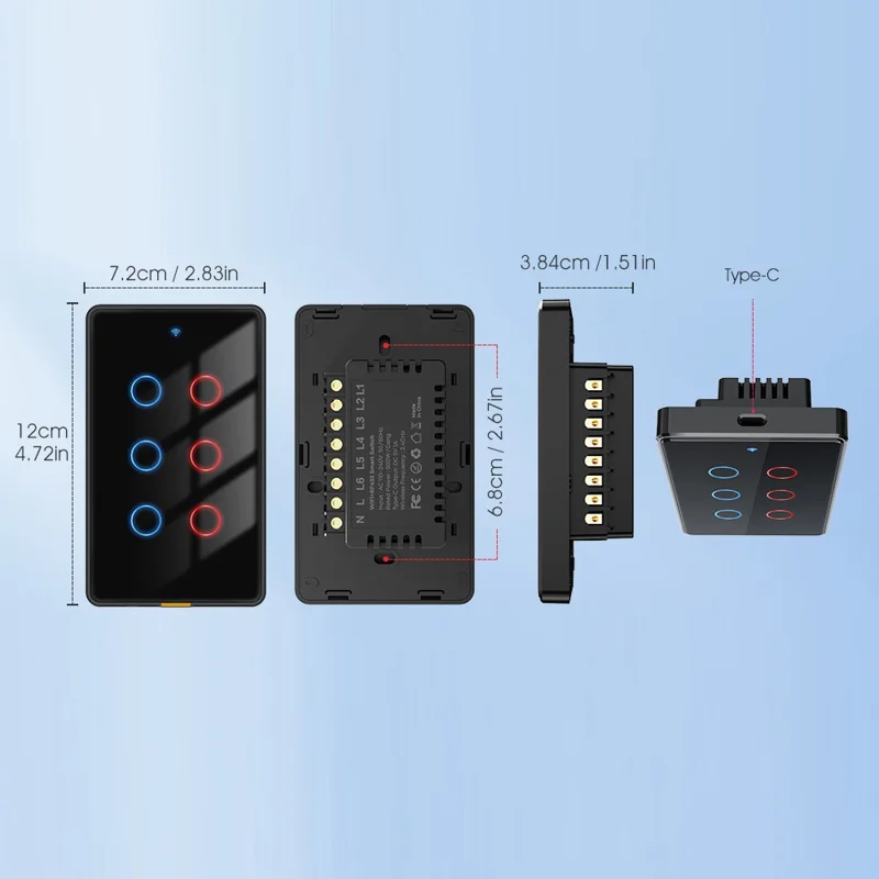 2.4GHz WiFi Wall Touch Type-C Smart Switch 6 Way Multi-Control Glass Panel Light Switch - White