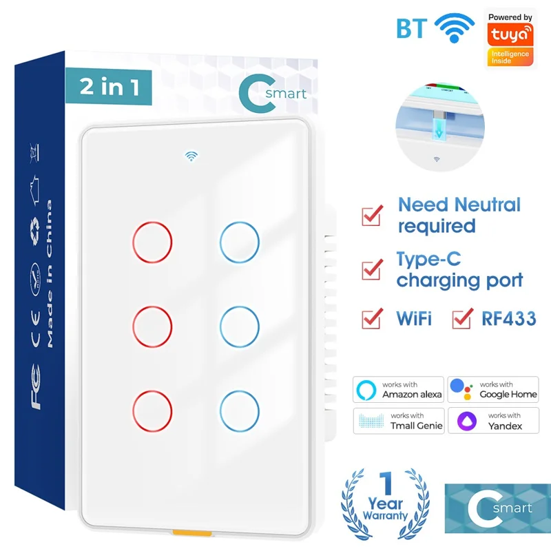 2.4GHz WiFi Wall Touch Type-C Smart Switch 6 Way Multi-Control Glass Panel Light Switch - White