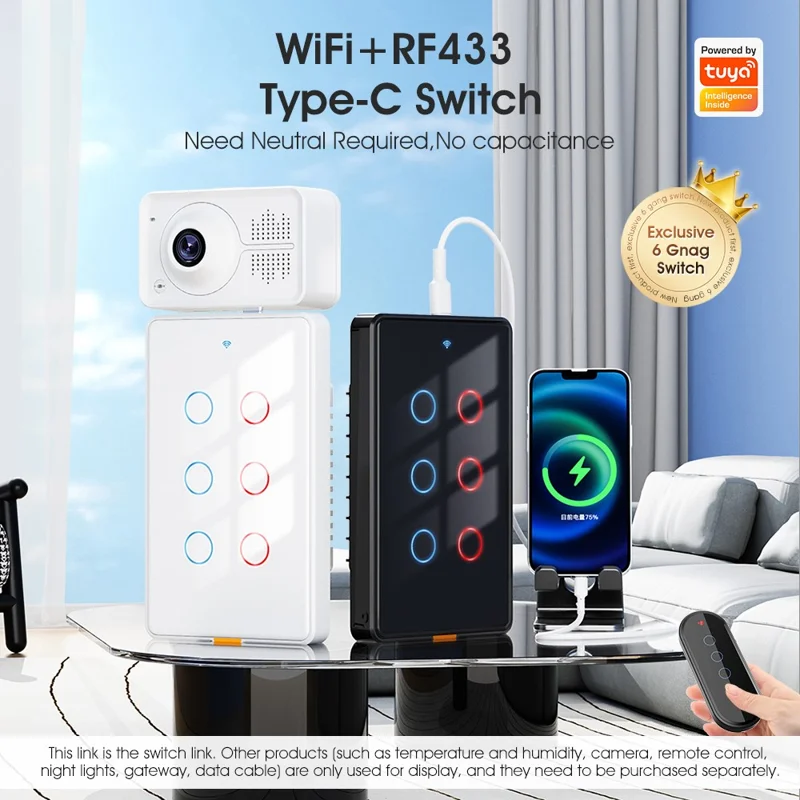 2.4GHz WiFi Wall Touch Type-C Smart Switch 6 Way Multi-Control Glass Panel Light Switch - White