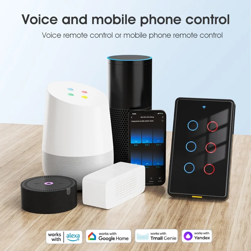 2.4GHz WiFi Wall Touch Type-C Smart Switch 6 Way Multi-Control Glass Panel Light Switch - White