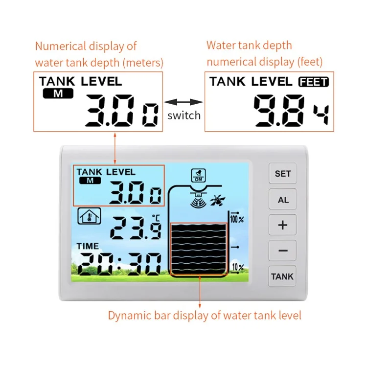 TS-FT001 Ultrasonic Liquid Level Meter Water Tank Level Temperature Meter Indoor Temperature Detector