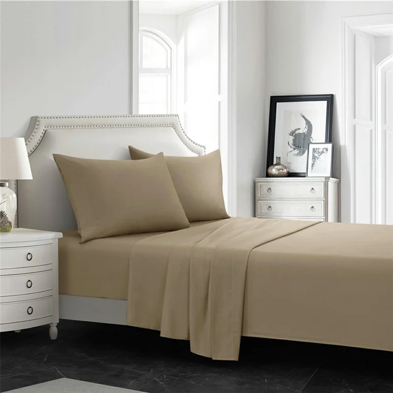 4-Piece California King Bed Flat Sheets Fitted Sheets Set Soft Fleece Pillowcases for Home Bedroom - Khaki