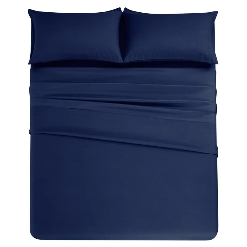 4-Piece California King Bed Flat Sheets Fitted Sheets Set Soft Fleece Pillowcases for Home Bedroom - Dark Blue