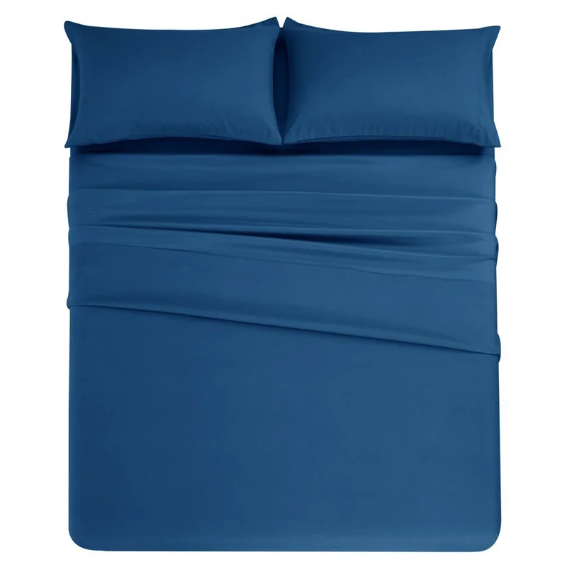 Home Bedroom 4-Piece King Size Bed Flat Sheets Fitted Sheet Soft Fleece Pillowcases - Navy Blue
