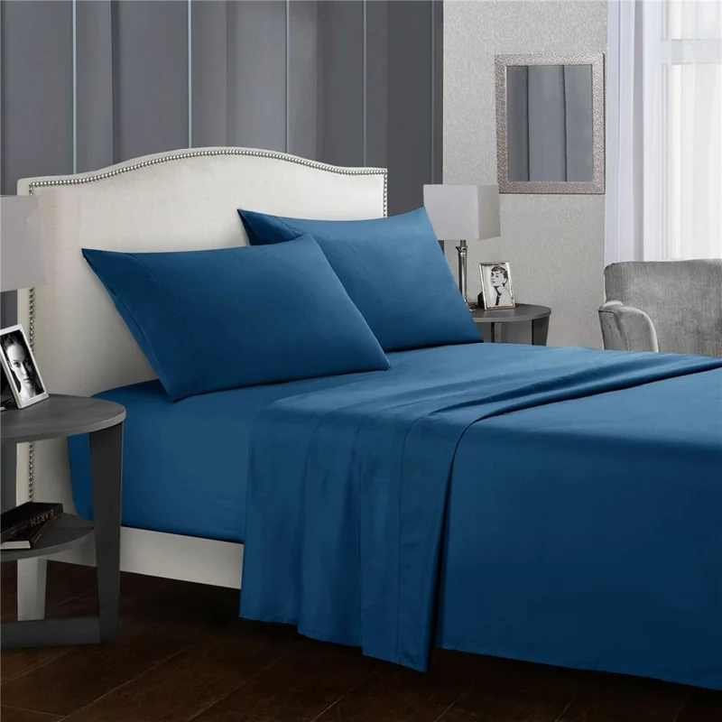 Home Bedroom 4-Piece King Size Bed Flat Sheets Fitted Sheet Soft Fleece Pillowcases - Navy Blue