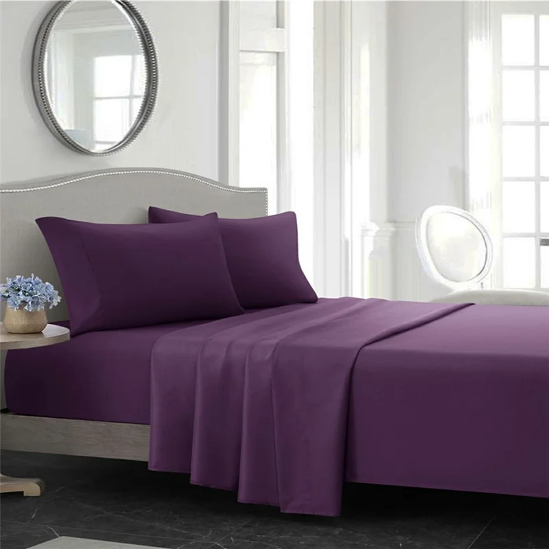 Home Bedroom 4-Piece King Size Bed Flat Sheets Fitted Sheet Soft Fleece Pillowcases - Purple