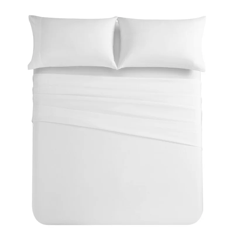 4-Piece Queen Size Bed Flat Sheet Pillowcases Fitted Sheet Set - White