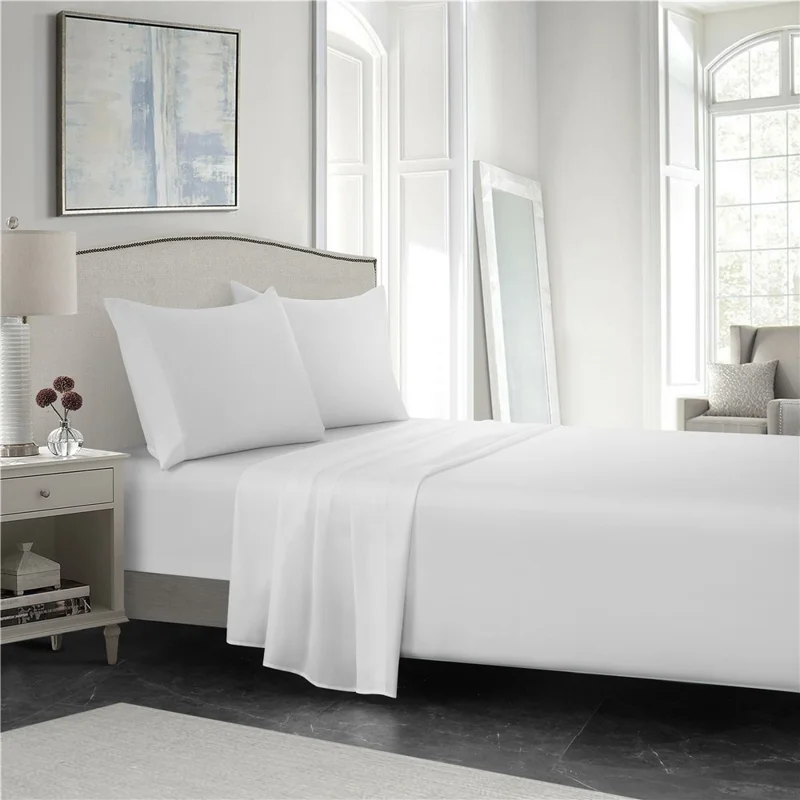 4-Piece Queen Size Bed Flat Sheet Pillowcases Fitted Sheet Set - White
