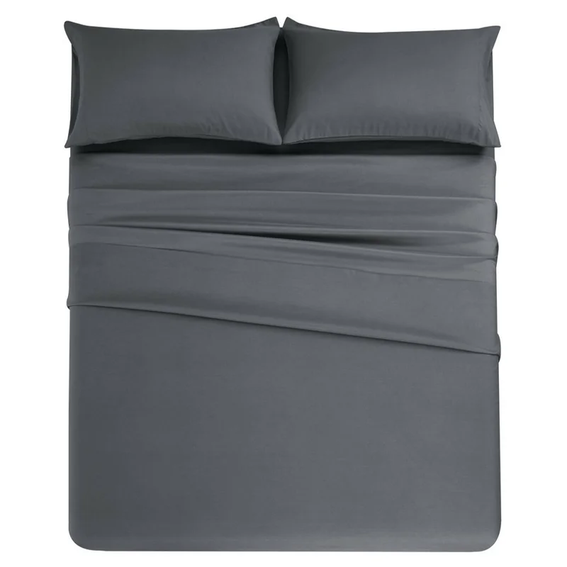 4-Piece Queen Size Bed Flat Sheet Pillowcases Fitted Sheet Set - Dark Grey