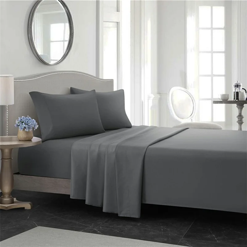 4-Piece Queen Size Bed Flat Sheet Pillowcases Fitted Sheet Set - Dark Grey