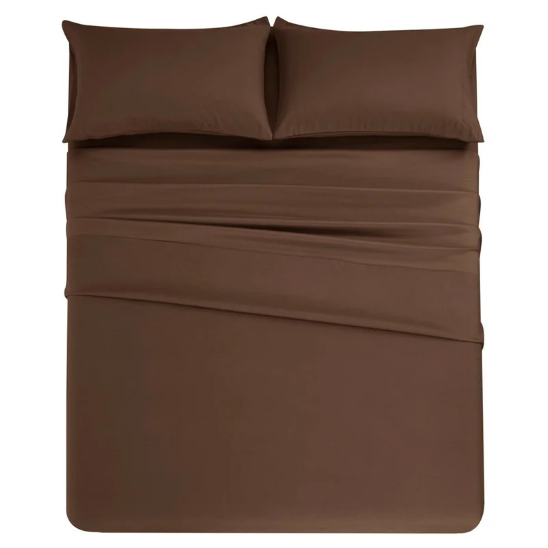 4-Piece Full Size Bed Fitted Sheets Set Fleece Pillowcases Bedding Flat Sheet Kit - Coffee